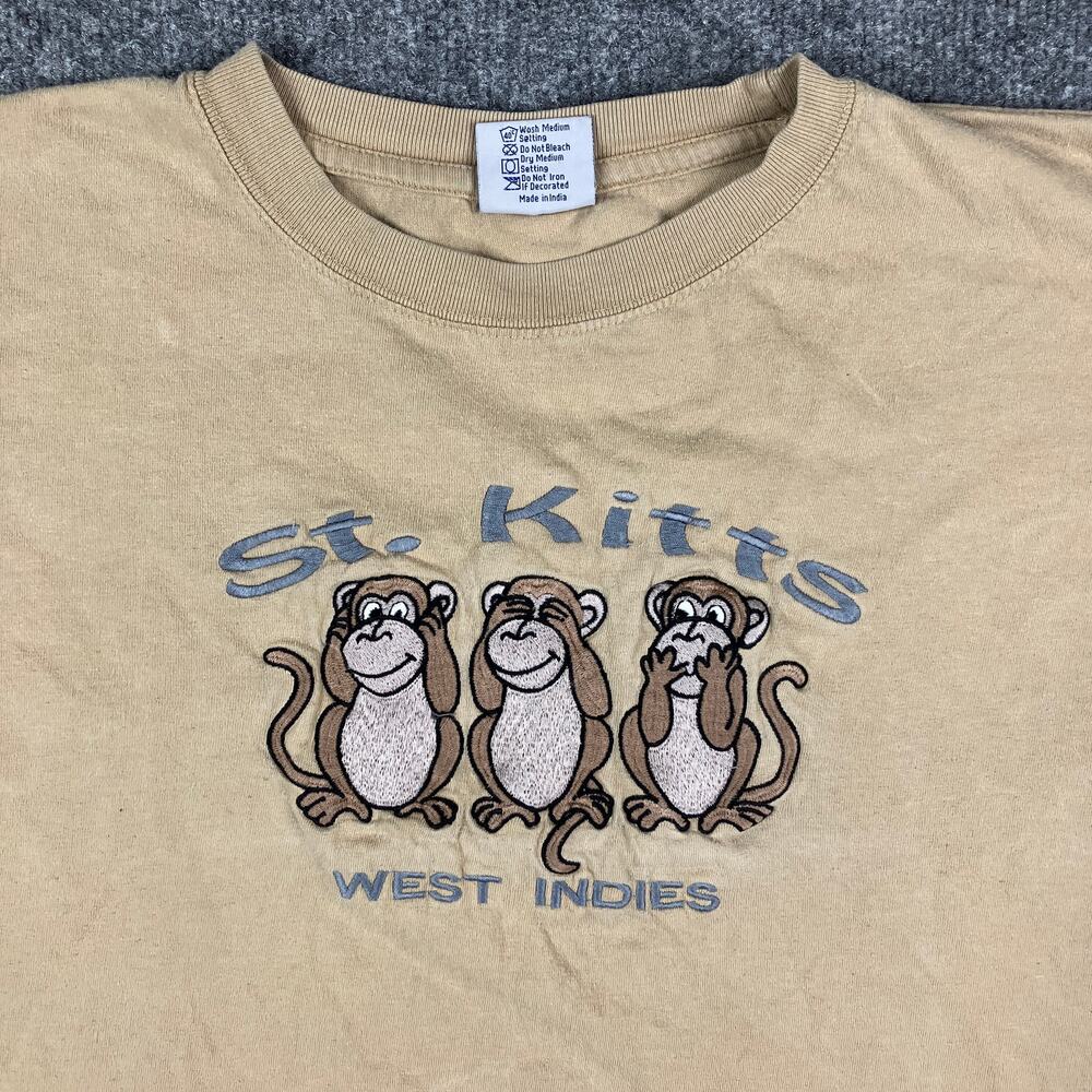 St Kitts West Indies T-Shirt Mens M Tan Monkey Graphic Tourist Tee 100% Cotton